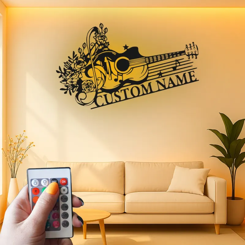 Personalized Guitar LED Sign | Custom Metal Wall Art for Music Room | Floral Musician Gift | Boho Home Decor
