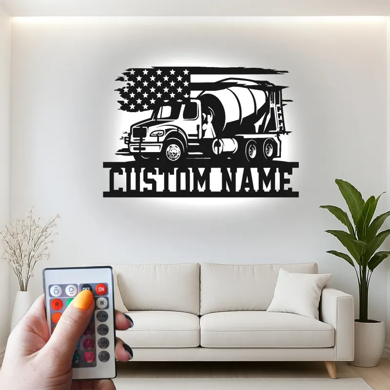 Insegna in metallo personalizzata con luce LED a forma di camion betoniera regalo per lavoratori edili decorazione per garage o ufficio