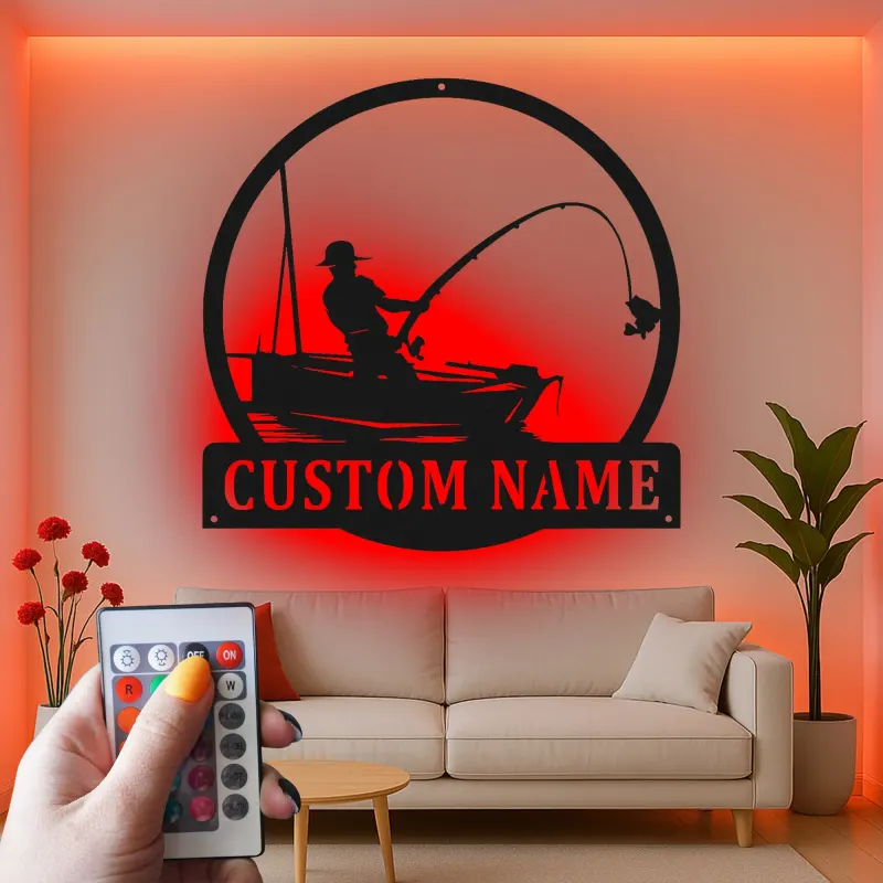 Insegna da pesca personalizzata con LED | Insegna in metallo personalizzata con pescatore | Decorazione per casa al lago e regalo per pescatori