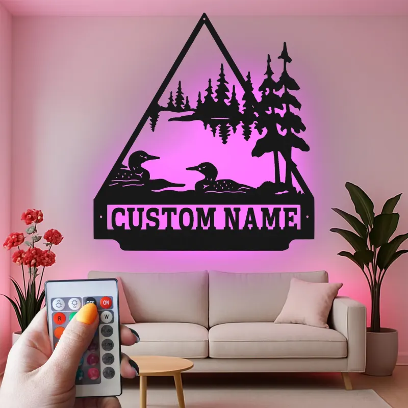 Insegna in metallo personalizzata con scena del Loon Lake e luce LED regalo per amanti della natura decorazione per cabine