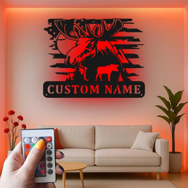 Cartel de metal personalizado de alce con LED | Decoración mural de vida salvaje personalizada para cabañas y lodges | Regalo rústico para cazadores con bandera americana