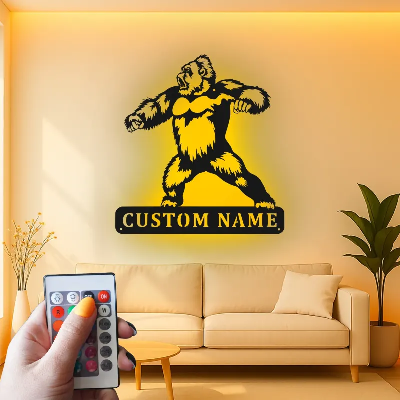 Arte murale in metallo LED con gorilla | Insegna personalizzata con nome per man cave | Arredo personalizzato con fauna selvatica | Silhouette animale retroilluminata