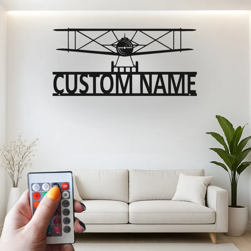 Décoration murale en métal LED personnalisée Biplan Cadeau d'aviation pour pilote Décor de hangar pour passionnés d'aviation