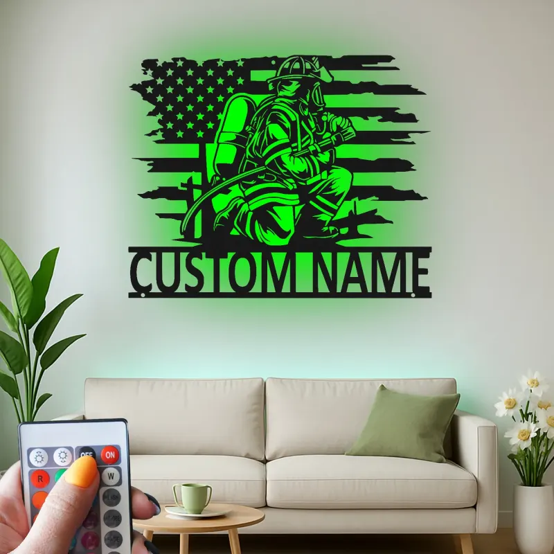 Décoration murale LED en métal pour pompier personnalisée | Plaque drapeau américain pour pièce dédiée ou bureau | Cadeau de retraite pour héros