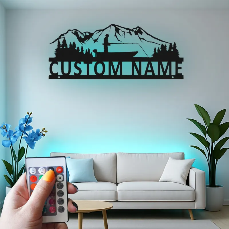 Décoration murale LED en métal pour pêcheur personnalisée | Plaque au prénom du pêcheur pour maison de lac | Cadeau pour amateur de plein air