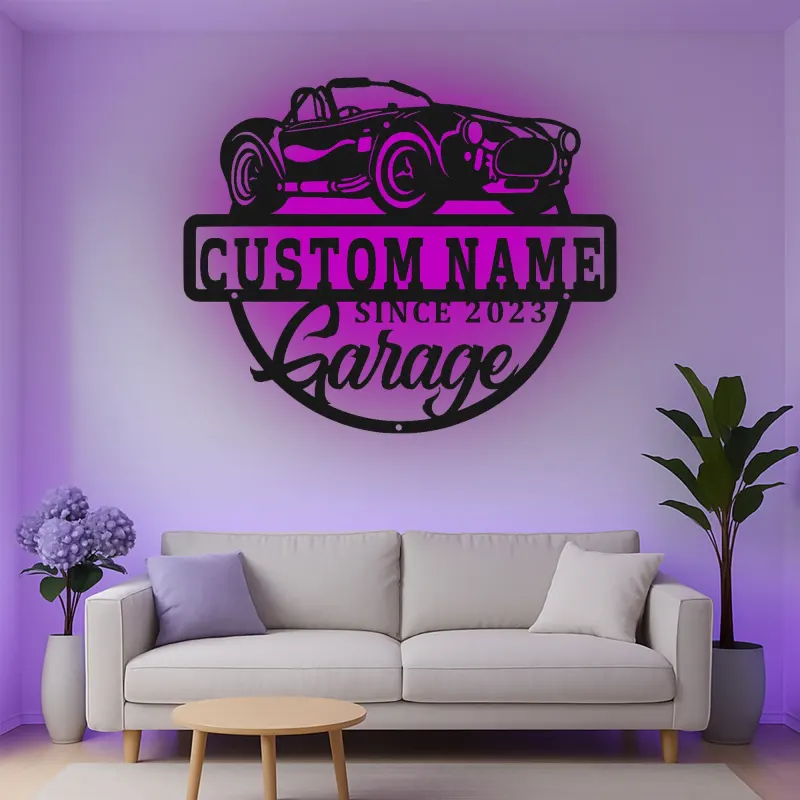 Insegna in metallo LED personalizzata per garage con auto classica - Regalo per appassionati di auto - Decorazione per garage