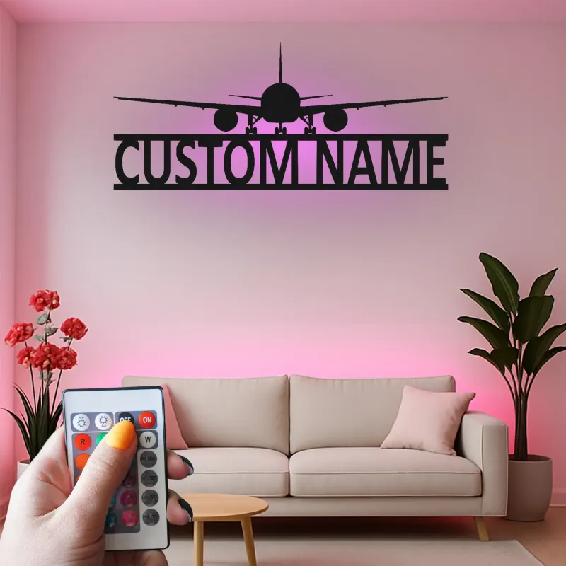 Décoration murale en métal personnalisée avec lumière LED d'avion - Cadeau d'aviation pour pilotes, décoration de hangar ou de bureau