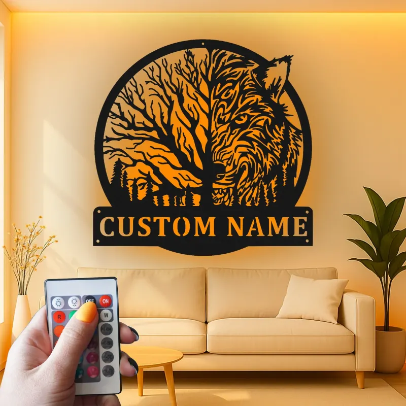 Décoration murale en métal personnalisée avec lumière LED de loup et forêt
