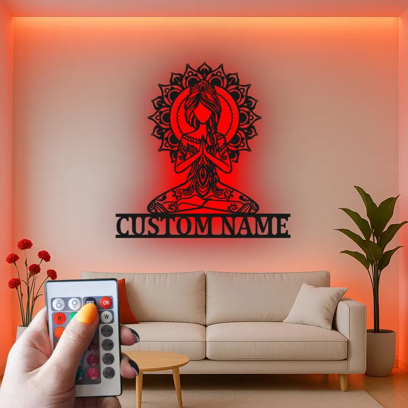 Cartel de metal personalizado con luz LED de meditación de yoga, regalo personalizado para amantes del yoga, decoración zen para sala de meditación