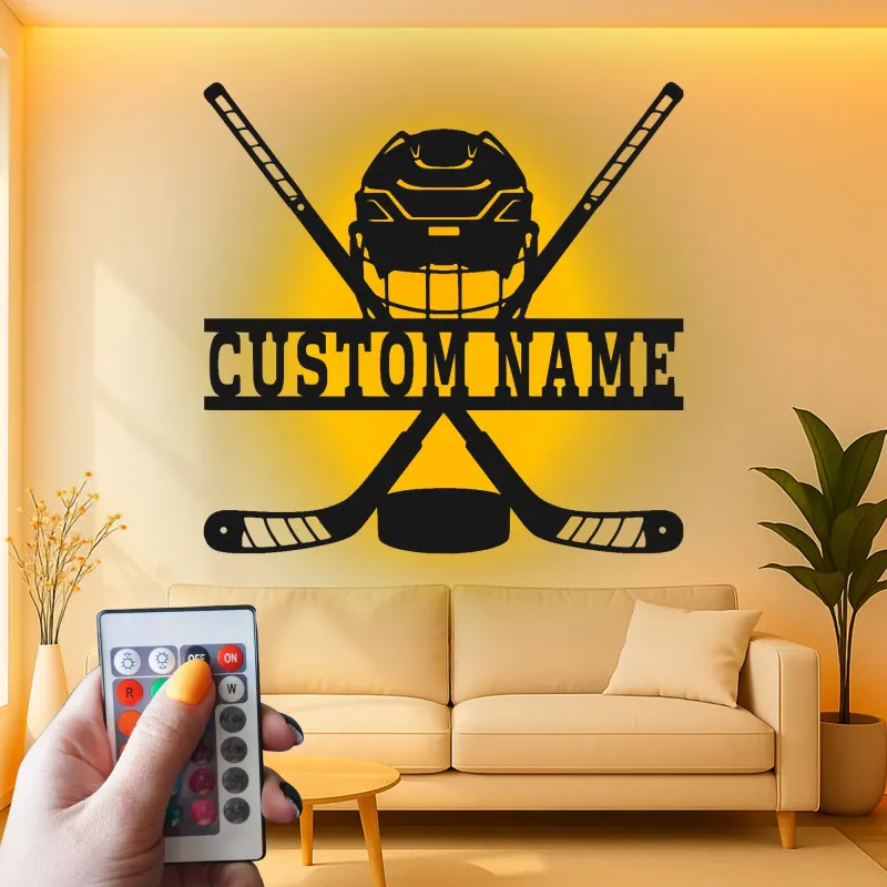 Enseigne personnalisée de hockey | Décoration murale LED en métal | Déco personnalisée pour joueur, salle de jeux | Cadeau fan de sport