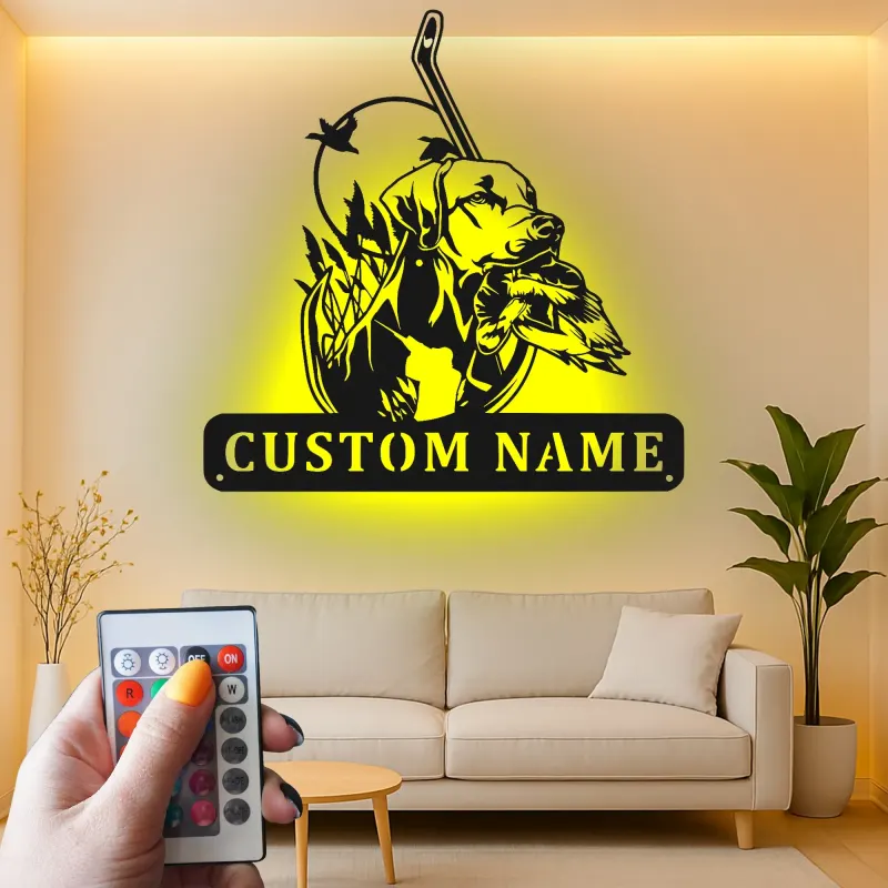 Insegna di Caccia Personalizzata Labrador | Arte da Parete in Metallo LED per Papà Cacciatore | Decorazione per Cani Anatra Personalizzata | Arte per Man Cave e Baita