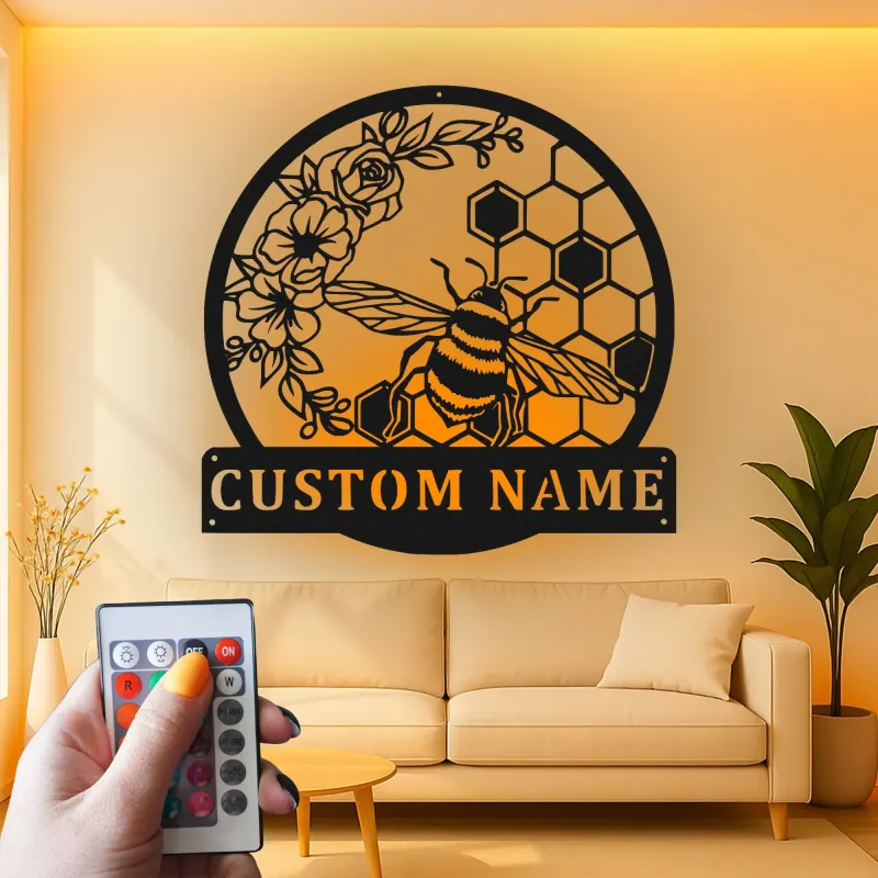 Décoration murale en métal personnalisée Abeille et Rayons de miel avec rétroéclairage pour les amoureux du jardin