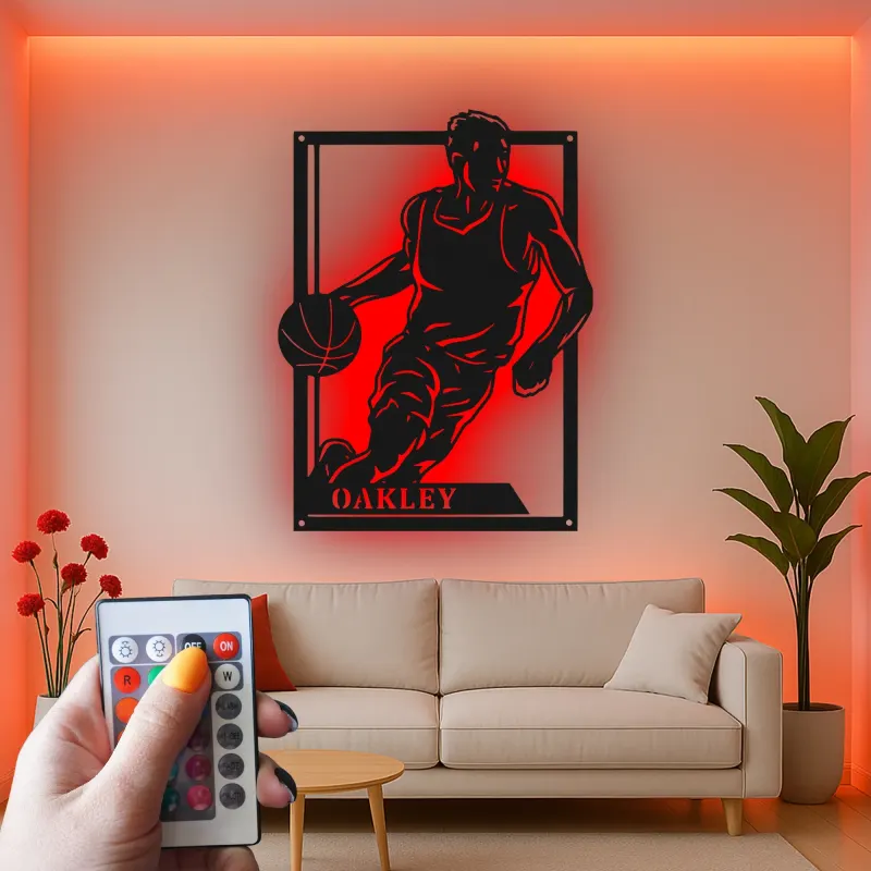 Custom Basketball Player Led Light Metal Wall Art Personalized Sports Gift for Athletes Game Room Decor