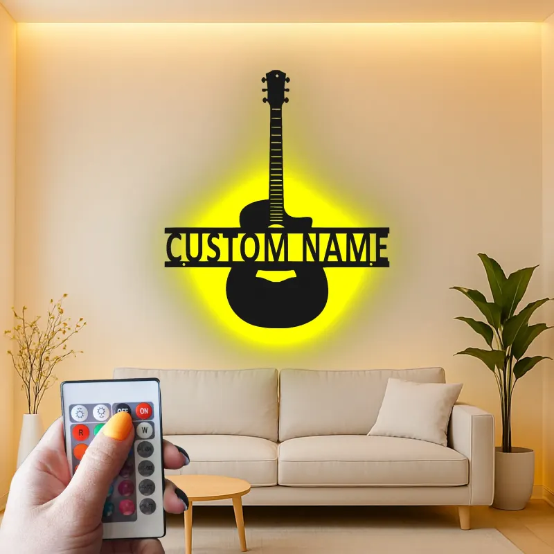 Insegna LED personalizzata a forma di chitarra | Arte murale con nome del musicista | Decorazione in metallo per studio musicale | Regalo per chitarristi