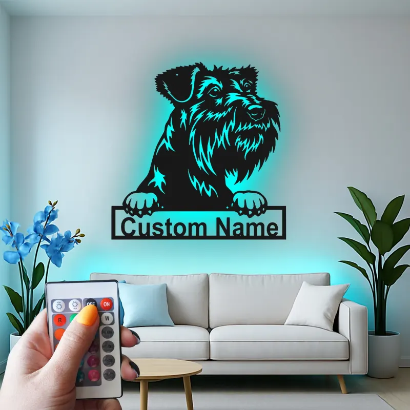 Custom Schnauzer LED Sign | Personalized Metal Pet Portrait | Modern Dog Lover Wall Art for Home