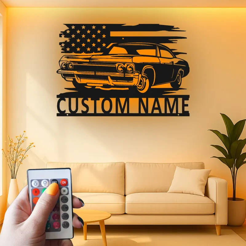 Décoration murale en métal personnalisée de voiture classique avec rétroéclairage LED - Cadeau pour passionnés de voitures - Décor de garage ou de man cave 1