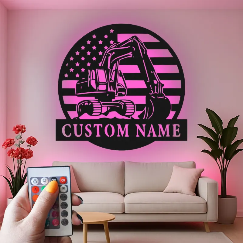 Cartel de metal LED personalizado de excavadora - Regalo para amante de la construcción - Decoración de cueva de hombre o garaje