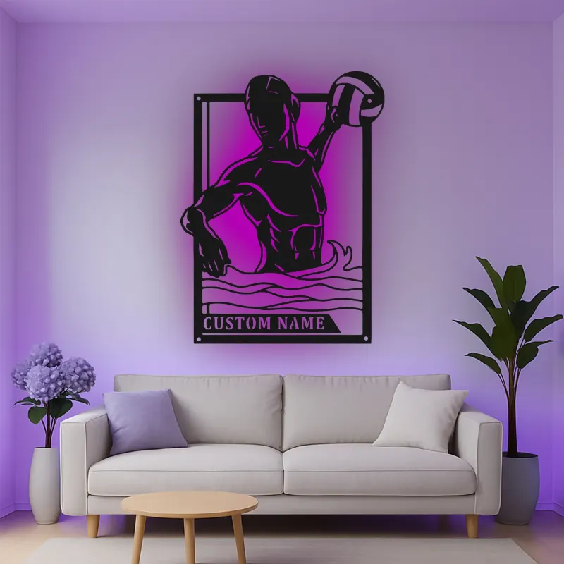 Custom Water Polo Player Led Light Metal Wall Art Personalized Sports Gift for Athletes Game Room Decor