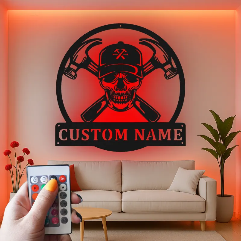 Custom Skull Hammer Metal Sign | LED Workshop Decor for Garage | Personalized Carpenter Name Plaque | Handyman Gift
