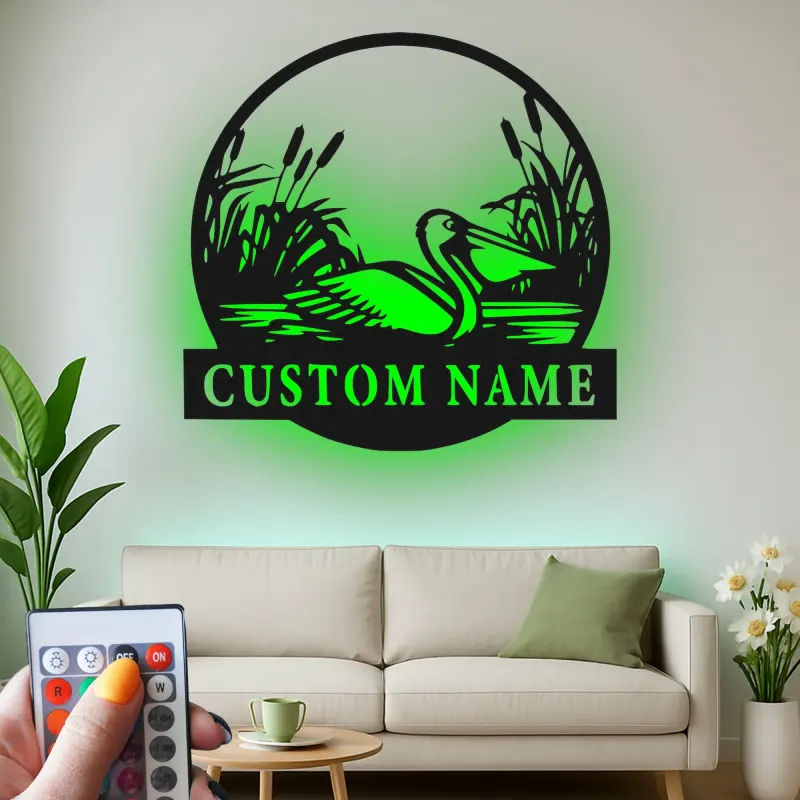 Decoración mural LED de pelícano | Cartel de metal personalizado con nombre para casas costeras | Silueta náutica de ave | Decoración para casa de playa