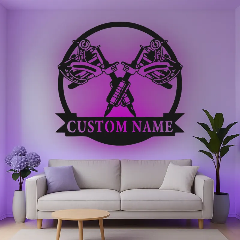 Décoration murale en métal personnalisée avec lumière LED de machine à tatouer - Cadeau pour artistes tatoueurs