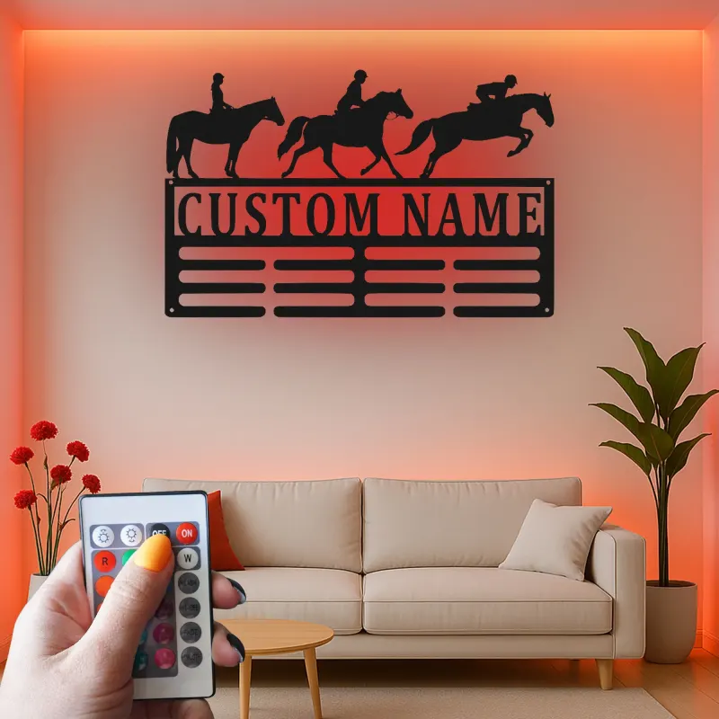 Décoration murale en métal personnalisée pour cavalier équestre avec rétroéclairage LED - Cadeau pour les amoureux des chevaux, décoration de stabulation ou de sellerie