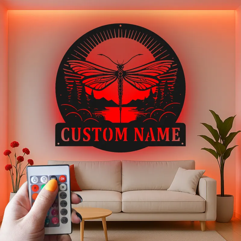 Cartel de metal personalizado con luz LED de libélula Regalo para amantes de la naturaleza Decoración para dormitorio o salón 3