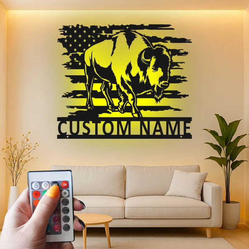 Custom Bison American Flag Led Light Metal Wall Art Personalized Patriotic Gift Rustic Home Decor