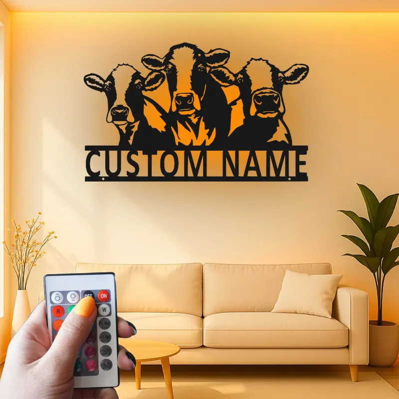 Décoration murale en métal personnalisée avec trio de vaches et rétroéclairage LED - Cadeau de ferme pour une cuisine rustique ou une grange