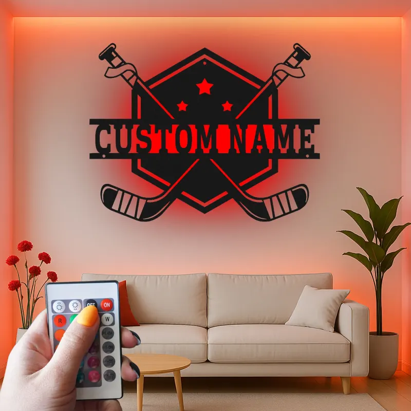 Insegna con nome per hockey personalizzata | Arte in metallo LED per parete | Regalo personalizzato per giocatore per sala giochi | Decorazione per bar sportivi e camere da letto