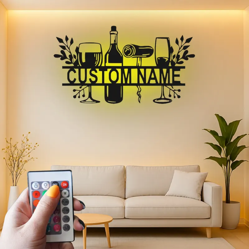 Custom Wine Bar Led Light Metal Wall Art Personalized Wine Lover Gift Kitchen or Home Bar Decor