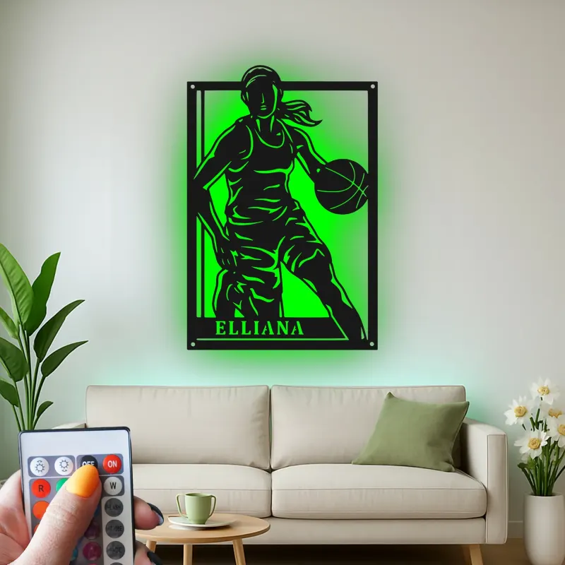 Custom Female Basketball Player Led Light Metal Wall Art Personalized Athlete Gift Game Room Sports Decor