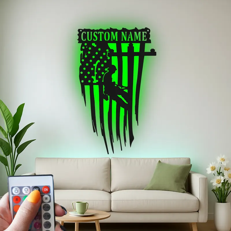 Personalized Lineman Gift | LED American Flag Metal Wall Art | Custom Electrical Worker Sign for Garage or Office