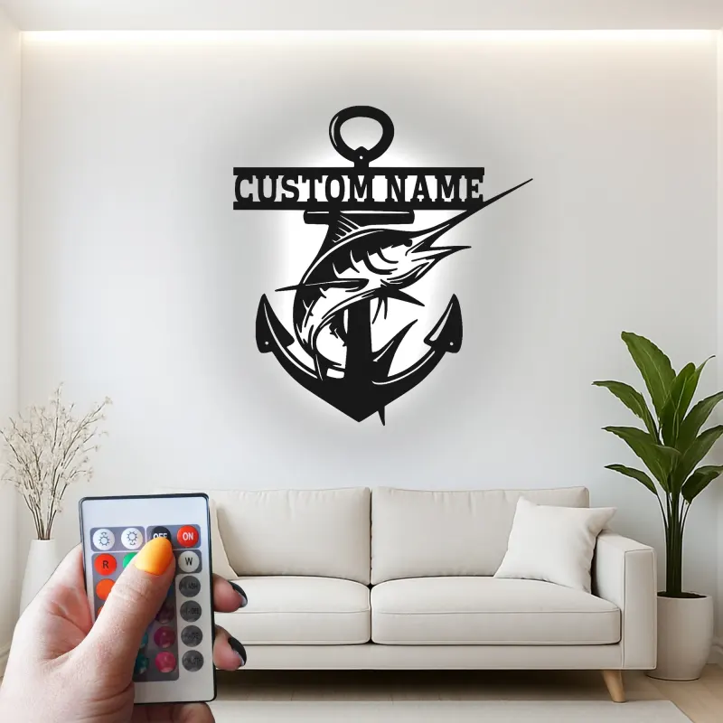 Custom Marlin Anchor Sign | Personalized LED Metal Wall Art | Deep Sea Fishing Decor for Man Cave Gift | Nautical Wall Decor