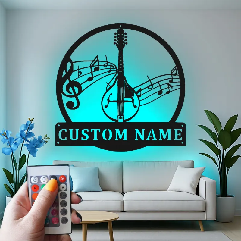 Insegna in metallo personalizzata per mandolino | Arte da parete musicale LED per studio | Targa con nome del musicista | Decorazione a silhouette per strumenti