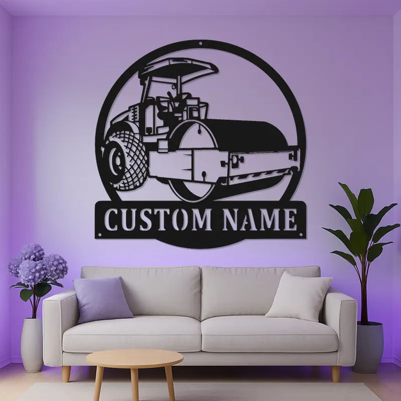 Cartel de metal LED de rodillo de carretera | Decoración mural de vehículo de construcción personalizada | Regalo personalizado para operadores de garaje