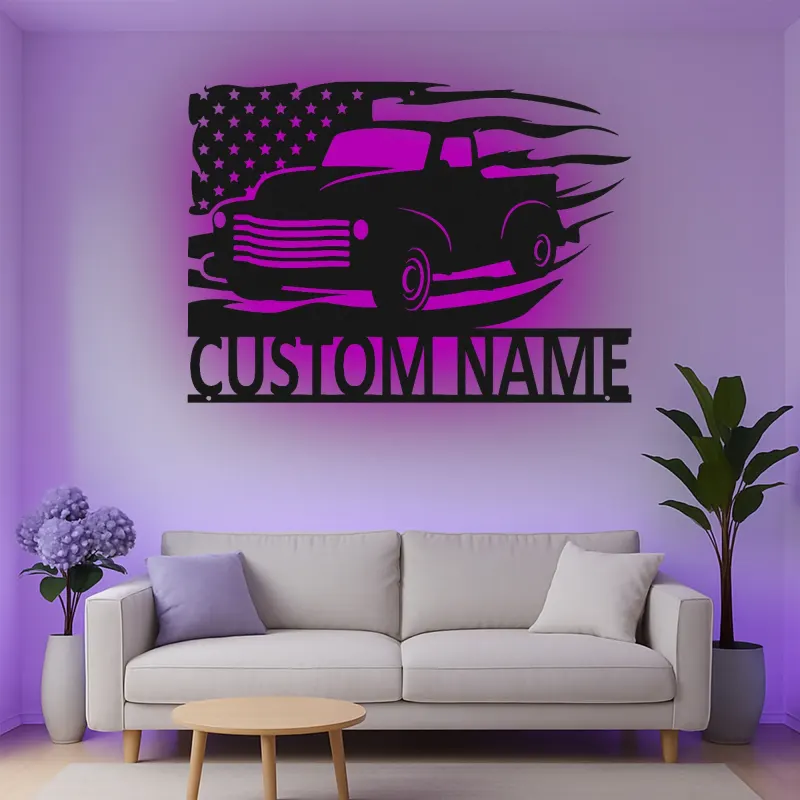 Personalisierter Vintage-Truck mit amerikanischer Flagge LED-Licht Metall-Wandkunst Geschenk für Ihn Garagen- oder Männerecken-Dekor