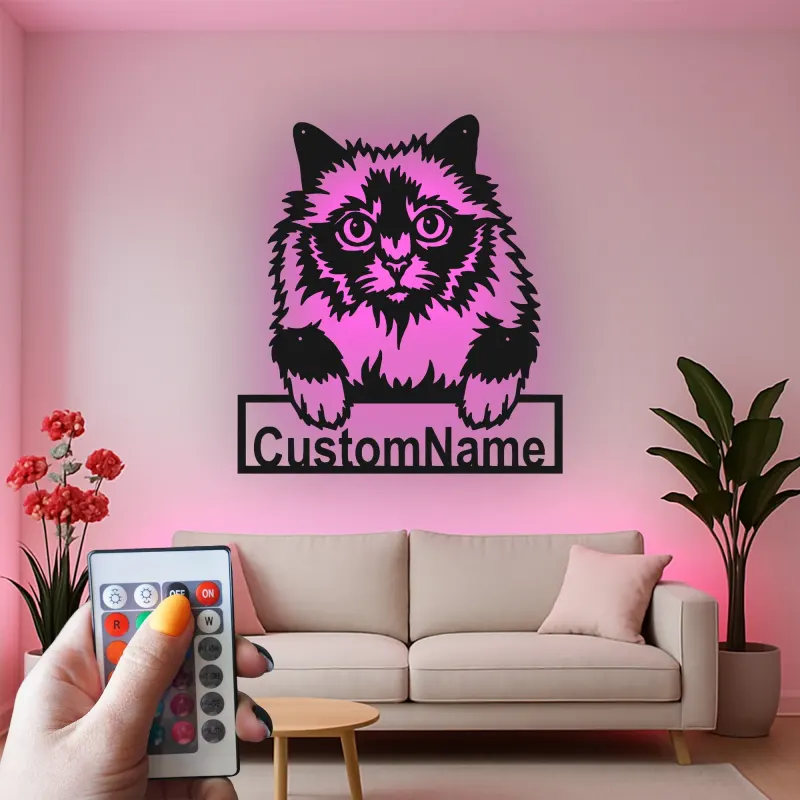 Cartel de metal LED de gato persa personalizado, regalo para amantes de mascotas, decoración para dormitorio o sala de estar