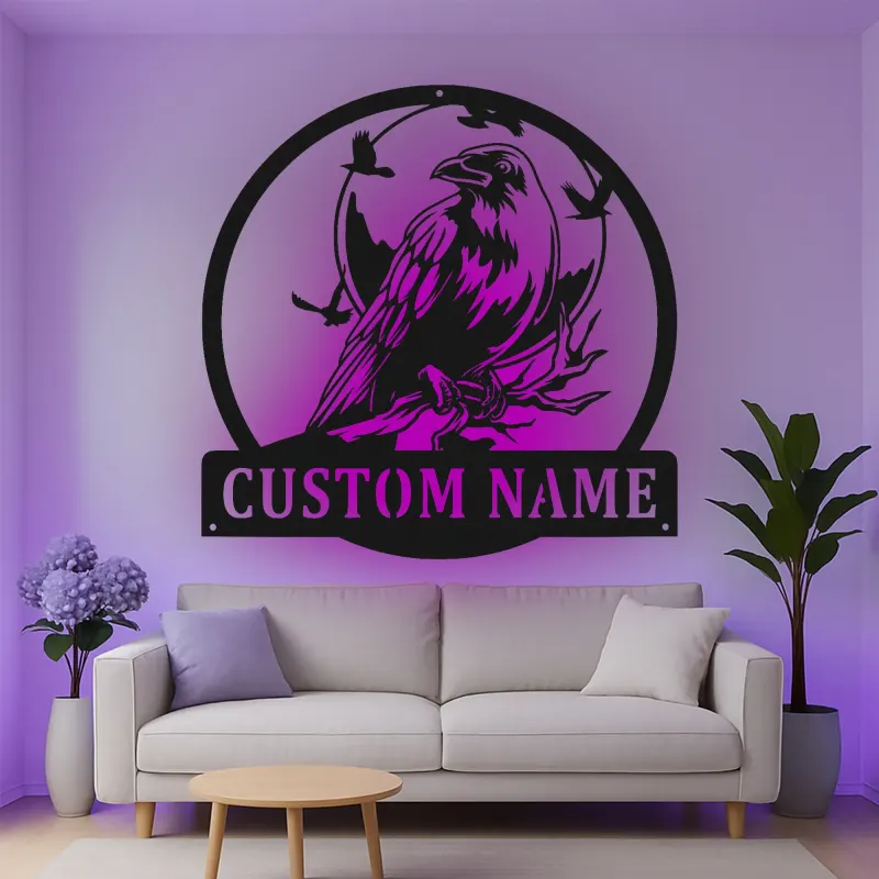 Cartel de metal LED con cuervo personalizado, regalo para amantes de las aves, decoración única para sala de estar