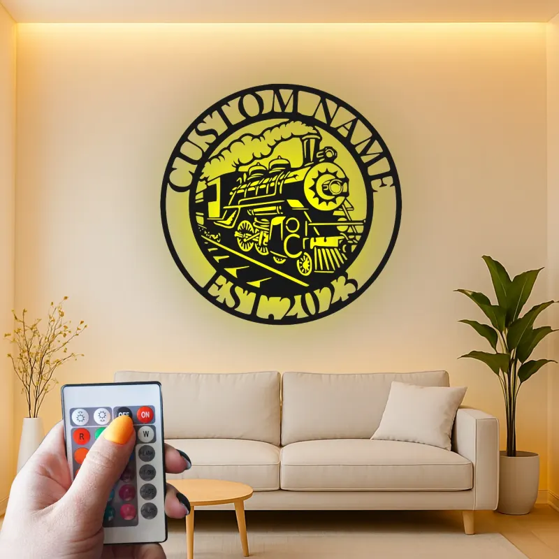 Insegna in metallo personalizzata con luce LED per locomotiva a vapore regalo per appassionati di treni decorazione man cave