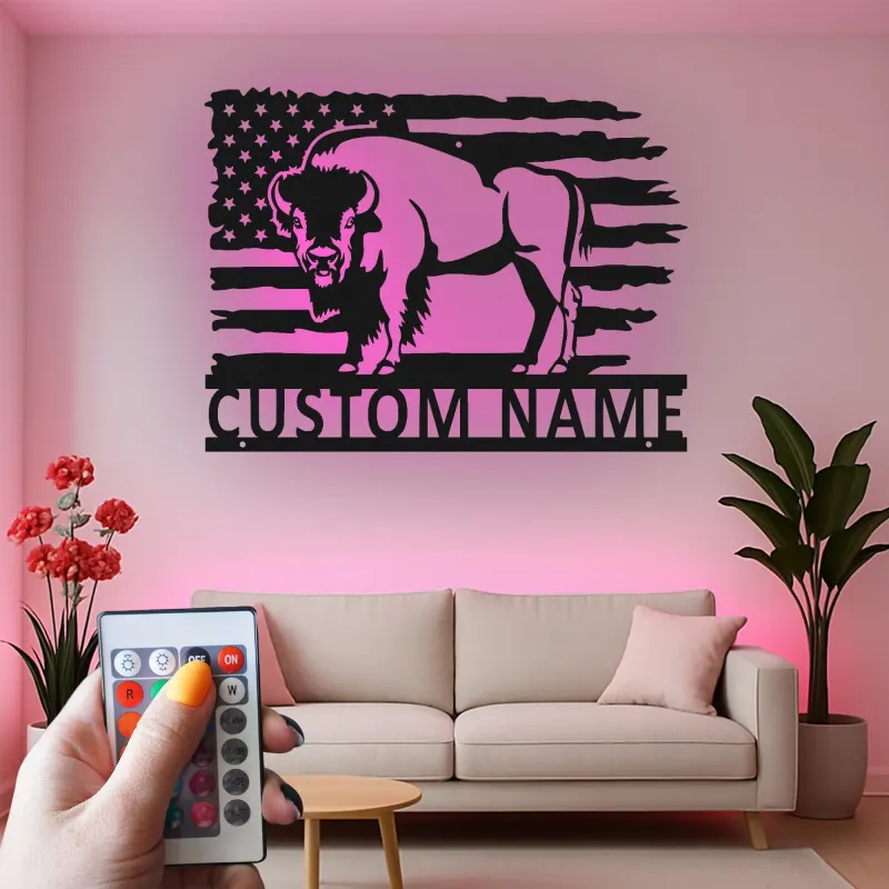 Décoration murale en métal LED personnalisée avec un bison et le drapeau américain - Cadeau patriotique pour lui, décoration rustique pour un homme
