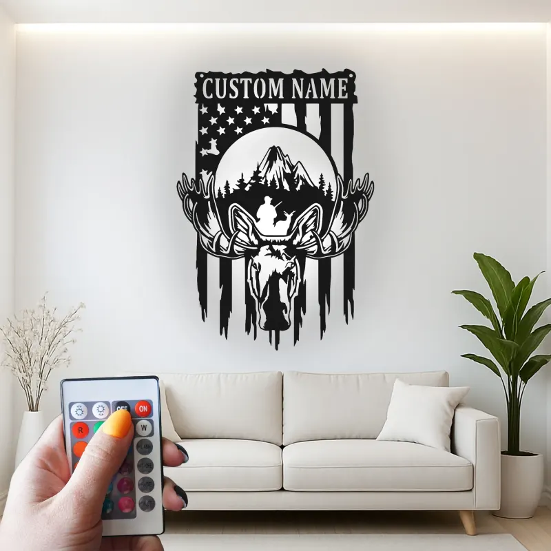 Insegna in metallo personalizzata con alce | Decorazione LED per cabin | Insegna rustica per appassionati di natura