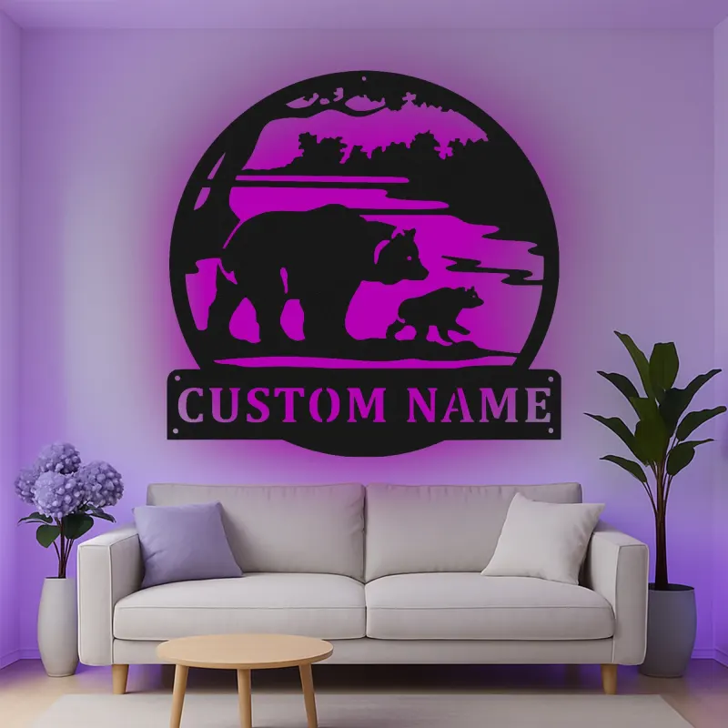 Cartel de metal LED Familia de Osos personalizado Regalo de naturaleza para familias Decoración de cabaña o sala
