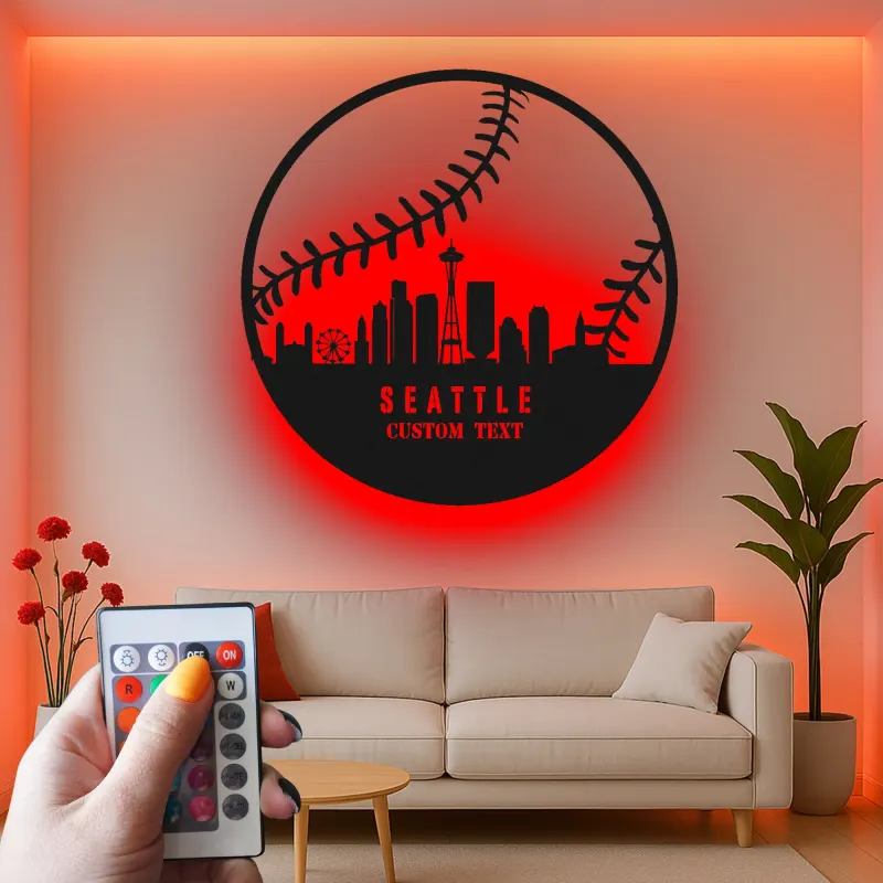 Seattle Skyline Baseball Sign | LED Metal Wall Art for Man Cave | Custom Sports Fan Gift