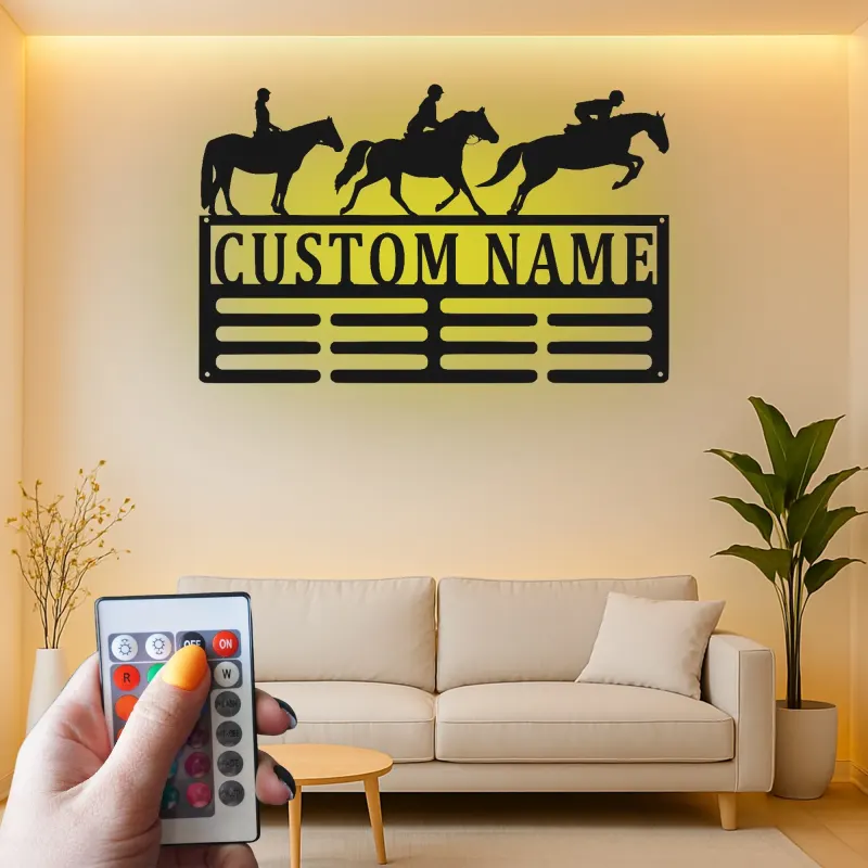 Décoration murale en métal personnalisée pour cavalier équestre avec rétroéclairage LED - Cadeau pour les amoureux des chevaux, décoration de stabulation ou de sellerie