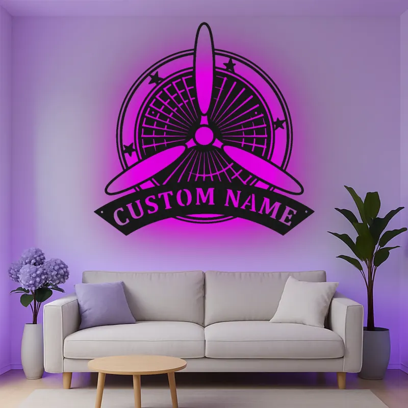Décoration murale en métal personnalisée avec lumière LED d'hélice d'avion - Cadeau d'aviation pour pilote, décoration de hangar pour passionnés d'aviation
