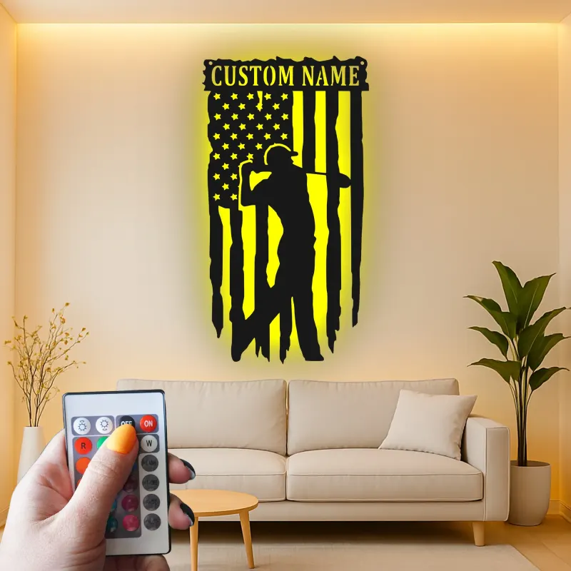 Insegna in metallo personalizzata per golfista con LED | Arte murale con nome e bandiera USA | Regalo patriottico per man cave e ufficio