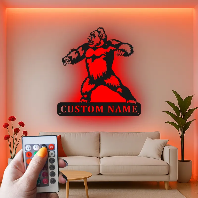 Arte murale in metallo LED con gorilla | Insegna personalizzata con nome per man cave | Arredo personalizzato con fauna selvatica | Silhouette animale retroilluminata
