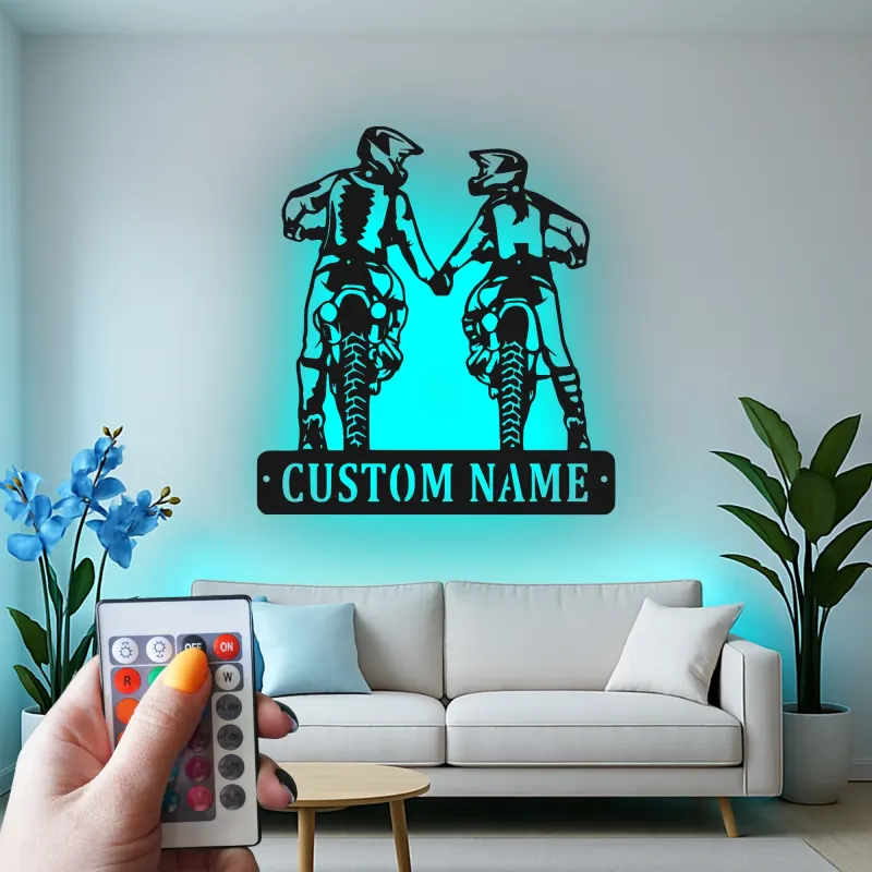 Custom Motocross Couple Led Light Metal Wall Art Personalized Gift for Bikers Garage or Man Cave Decor 1