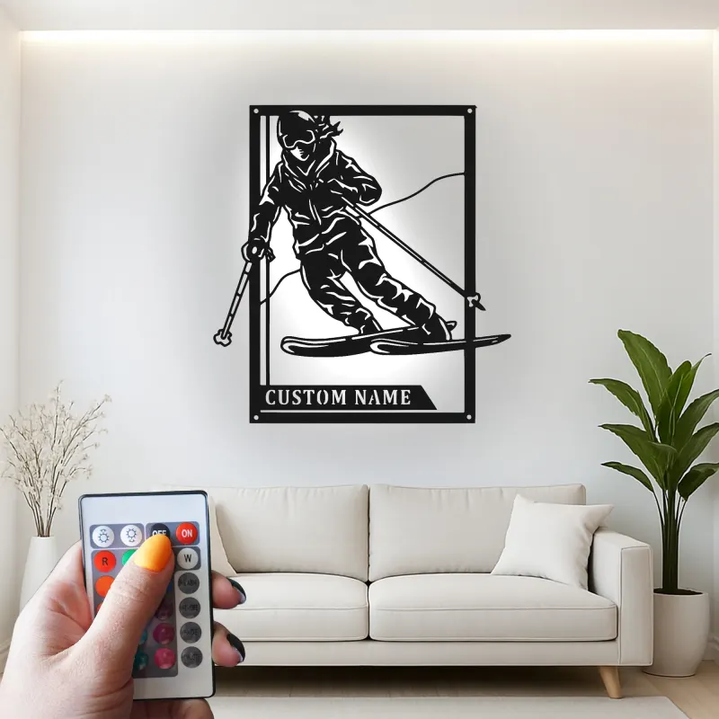 Custom Downhill Skier Metal Wall Art | Personalized LED Ski Sign | Laser Cut Steel Lodge Decor | Gift for Ski Lovers